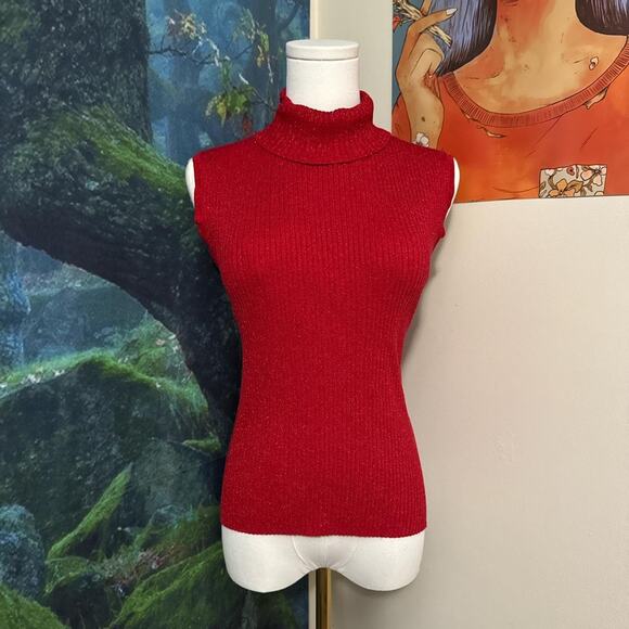 red sleeveless turtleneck shimmer metallic ribbed knit top cable & gauge xl - Picture 1 of 5